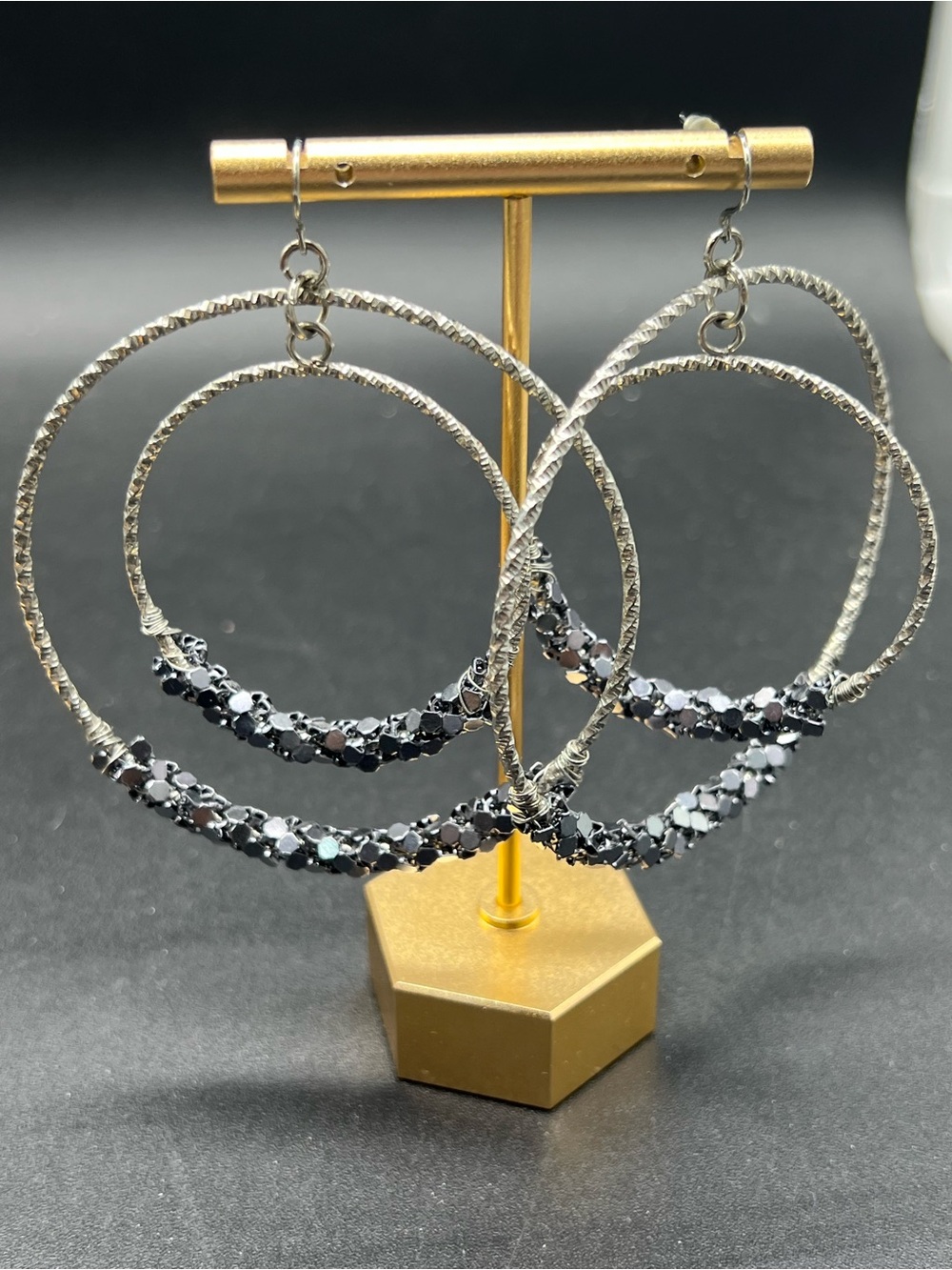 Black Crystal Mesh Double Hoop Earrings Hammered Silver Tone Dangle